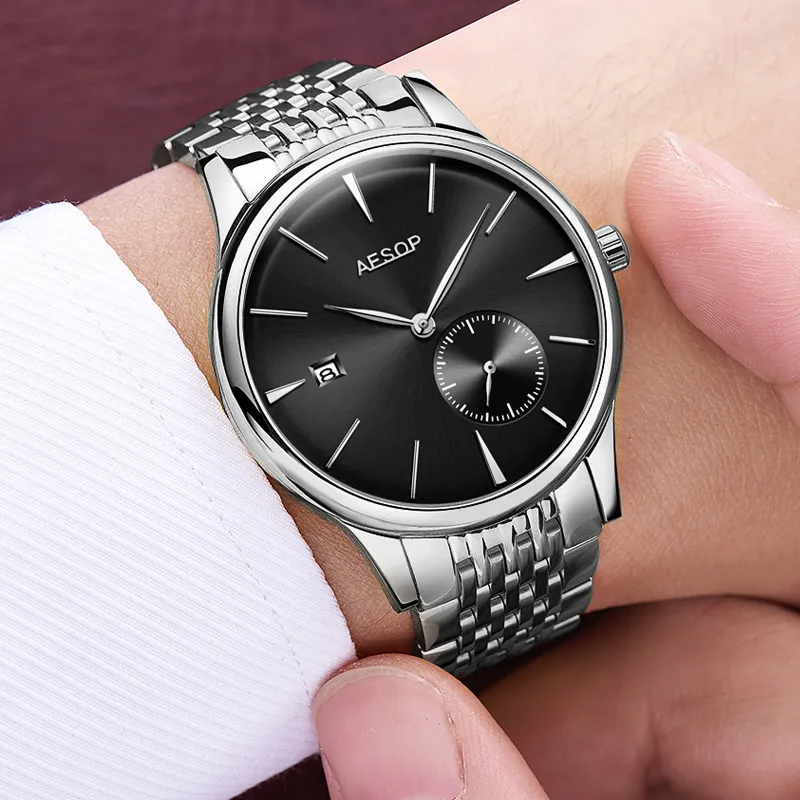 Aesop montre hommes automatique mécanique montre saphir cristal mince montre-bracelet minimaliste mâle horloge hommes Relogio Masculino349d