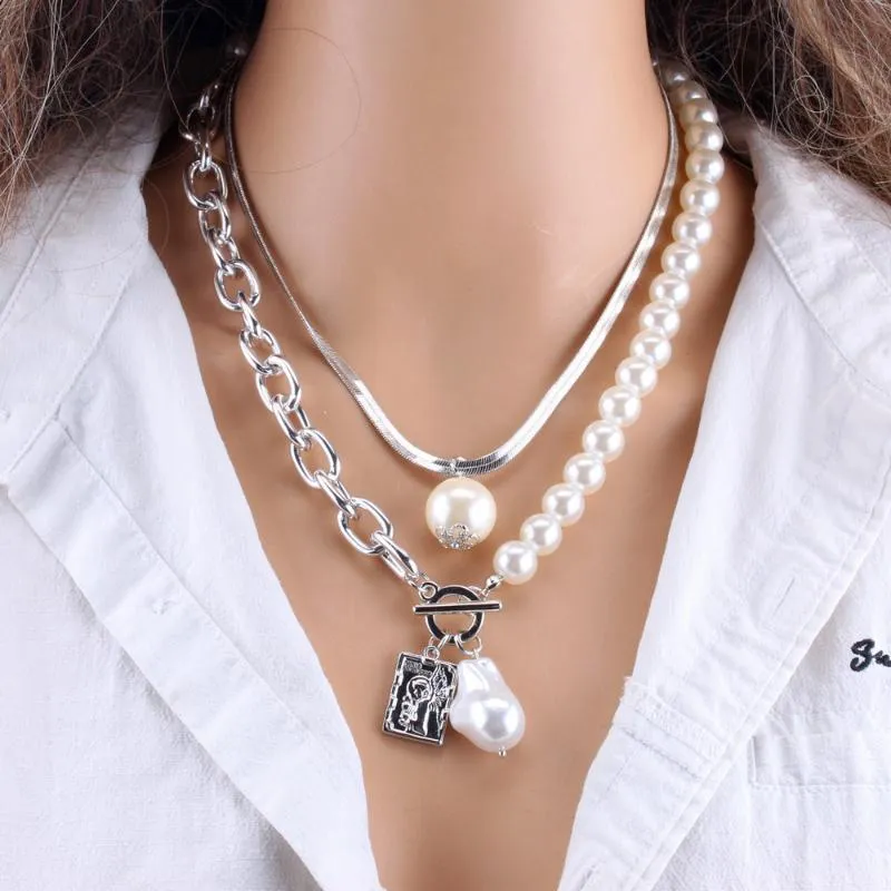 Kmvexo mode 2 lager pärlor geometriska hängen halsband för kvinnor guldmetall orm kedja halsband ny design smycken gåva265z