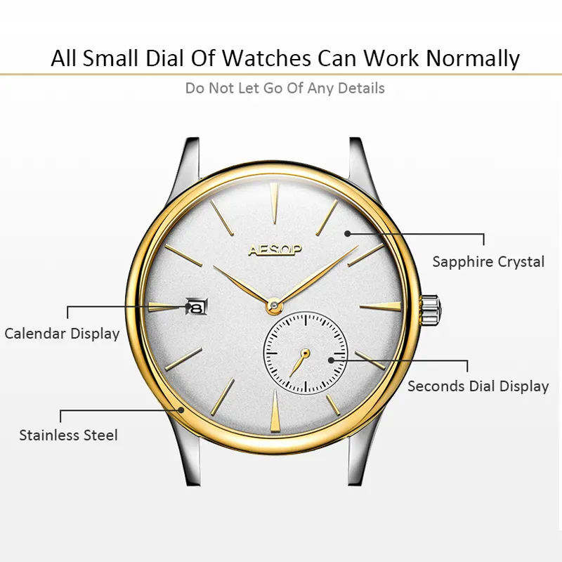 Aesop montre hommes automatique montre mécanique saphir cristal mince montre-bracelet minimaliste mâle horloge hommes Relogio Masculino2094