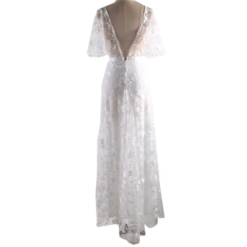 Sexig bröllopsklänning spetsar a-line vit sexig bohemiska strandklänningar backless v hals maxi banan klänning klänning på golvet vestido262y