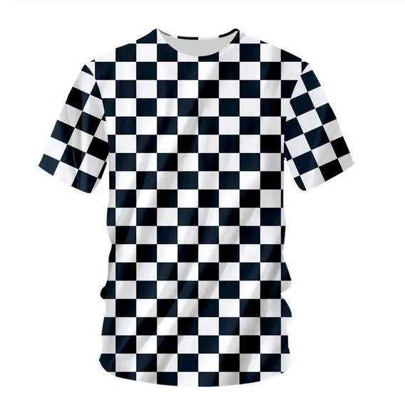 最新の3DプリントTシャツブラックホワイトグリッド半袖サマーカジュアルトップスティーファッションOネックTシャツ男性DX04