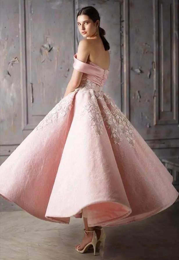 2020 novo rosa apliques rendas vestidos de baile fora do ombro curto vestidos de noite comprimento do tornozelo super vestido de baile plissado noivado bri244m