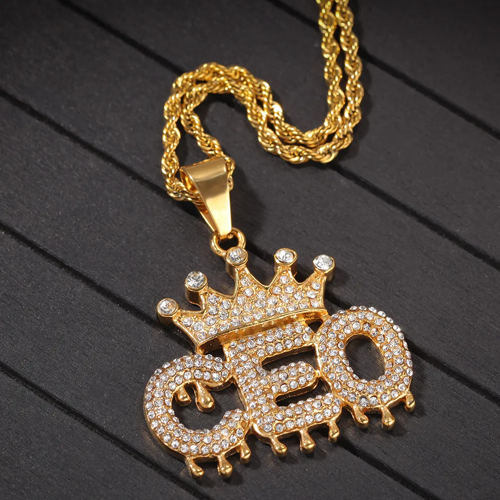 Mens Crown CEO Initial Letters Pedant Cuban Chain Necklace Stainless Steel Personalized Gold Diamond Bling Diamond Hip Hop Jewelry1692