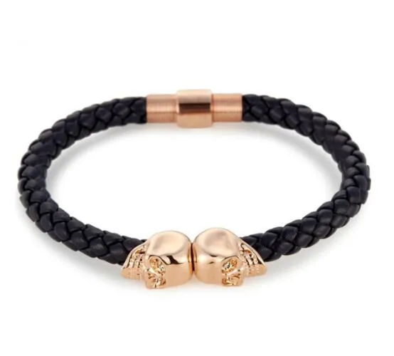 Verkoop Heren Zwart Lederen Gevlochten Schedel Armbanden Mannen Vrouwen Rvs Goud Noord Schedel Bangle Mode-sieraden3307