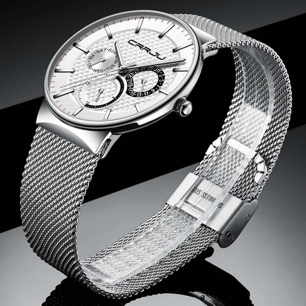 Montres pour hommes CRRJU Top marque de luxe étanche Ultra mince Date horloge mâle bracelet en acier montre à quartz décontractée montre-bracelet de Sport blanc L231Q
