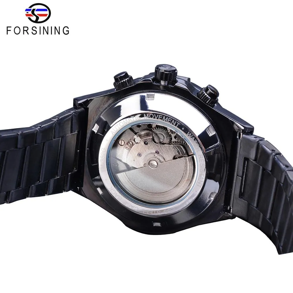 Forsining Racing hommes montre mécanique automatique étudiants jeu course calendrier mâle lueur mains noir acier inoxydable ceinture Mans Clock234E
