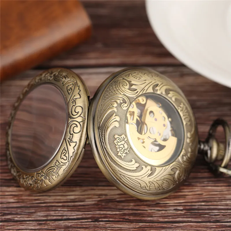 Brązowe vintage kieszonkowe zegarek rzymskie szkieletowe automatyczne zegarki mechaniczne mężczyźni kobiety samozwańcze zegar Fob łańcuch 257H
