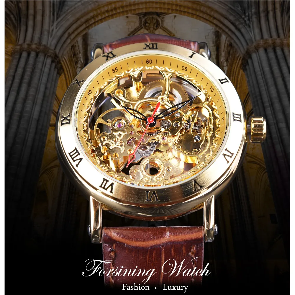 Forsining Retro Römische Zahl Braunes Leder Königliche Blume Mechanische Skeleton Transparent Herren Automatische Uhren Top Marke Luxury3276