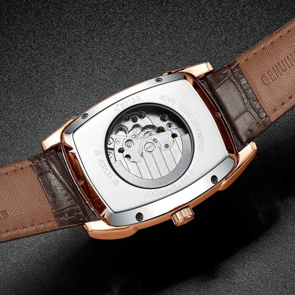 Tevise Fashion Mens Watches Moon Phase Tourbillon Mechanical Watch Men Leather Sport Wristwatch男性時計RelogioMasculino272p