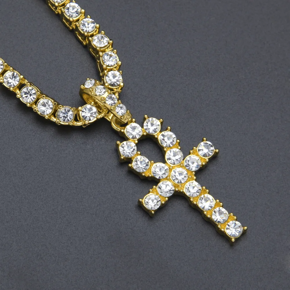 EGYPTIAN ANKH KEY Naszyjniki życia Męse Bling Crystal Cross Pendant Złoty Srebrny Łańcuch tenisowy dla kobiet Rapper Hip Hop JE242D