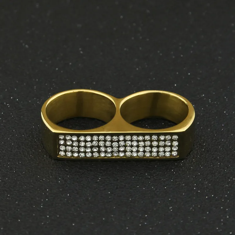 Мужское кольцо на два пальца в стиле хип-хоп со стразами, геометрические глянцевые позолоченные простые кольца из нержавеющей стали, модные украшения193D