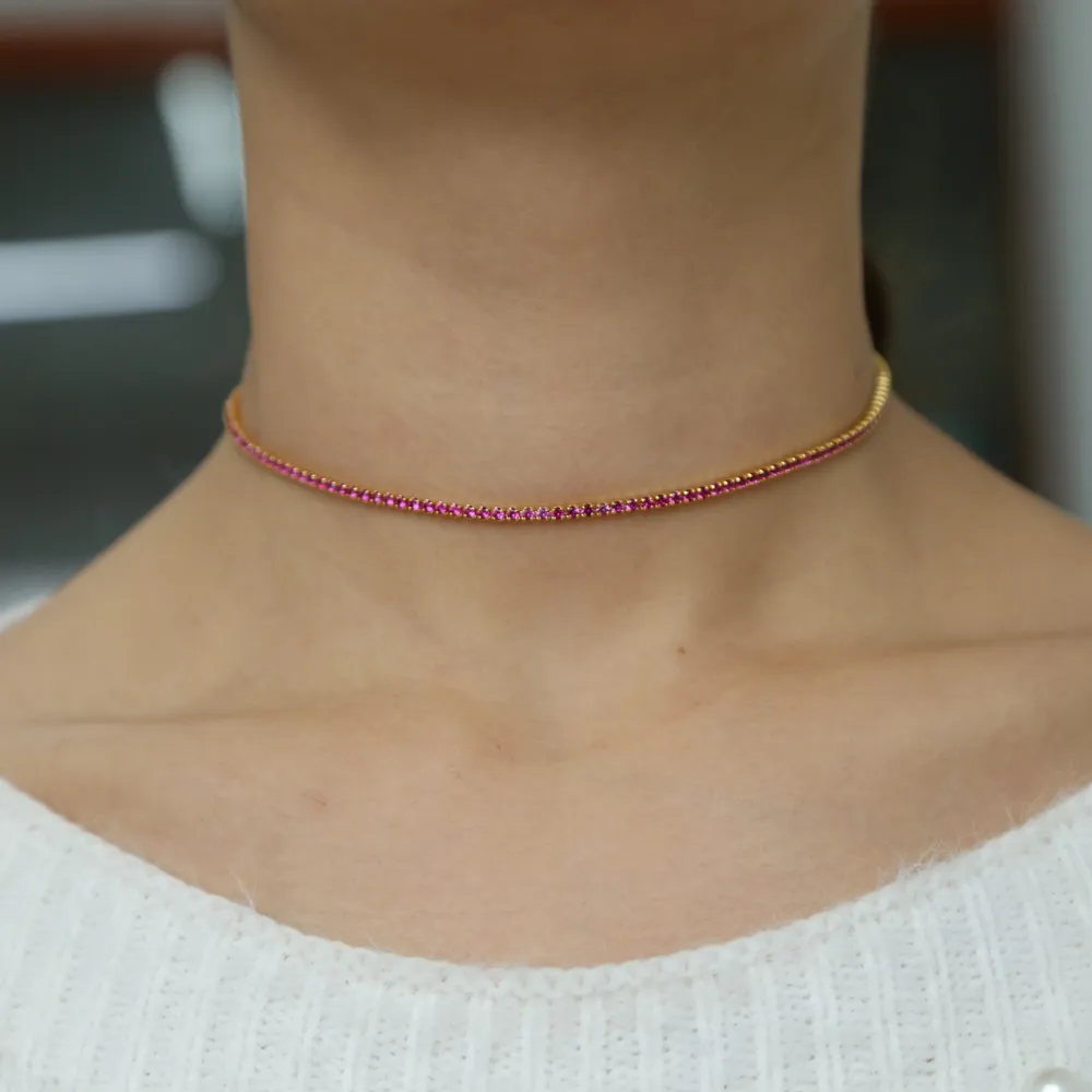 Fashion Noble Collar Necklace Red Ruby CZ Tennis Chain Necklace Jewelry Micro Pave Gold Color Fancy Women Collares Femme 40CM2586