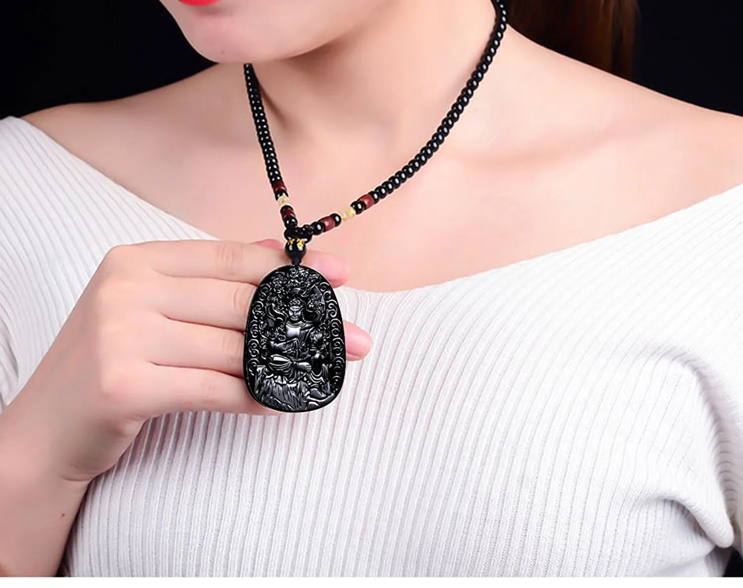 Fine Jewelry Pure Natural Obsidian Immovable Ming King Bodhisattva Acala Buddha Necklace Pendant 