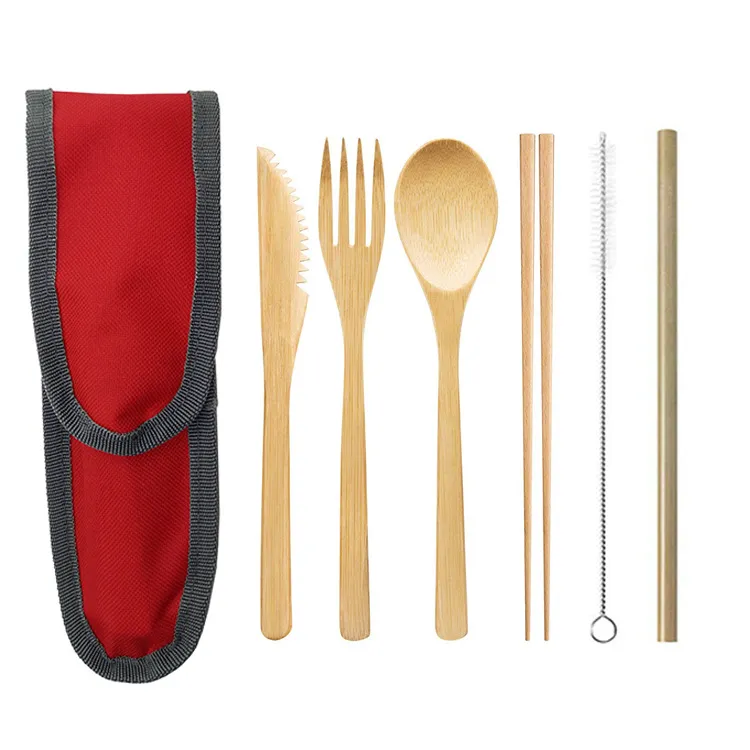 Bamboe bestek sets mes vork lepel kit bamboe stro draagbare outdoor picknick eco vriendelijke serviespak wegwerp