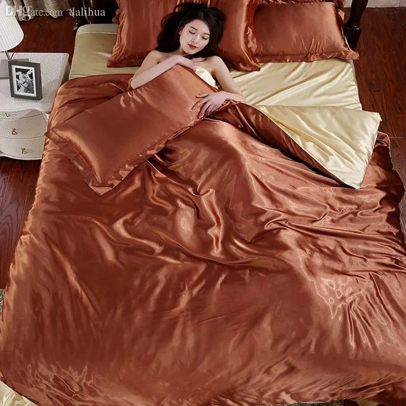 100% Pure Satin Silk Bedding Set Home Têxtil King Size Size Set Set Bedlocheres Capa de Edredão Folhas Planas Fronhas