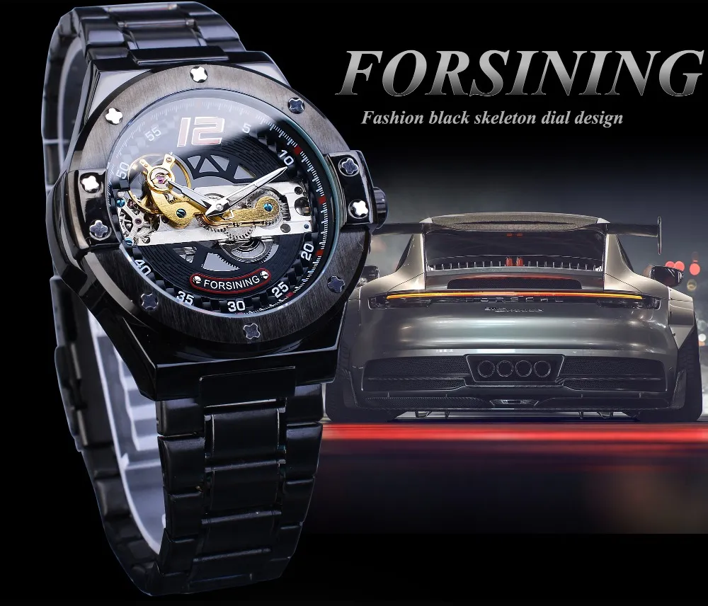 Forsining Transparent Automatische Männer Uhr Golden Bridge Mechanische Schwarz Edelstahl Band Skeleton Uhren Relogio Masculino239c