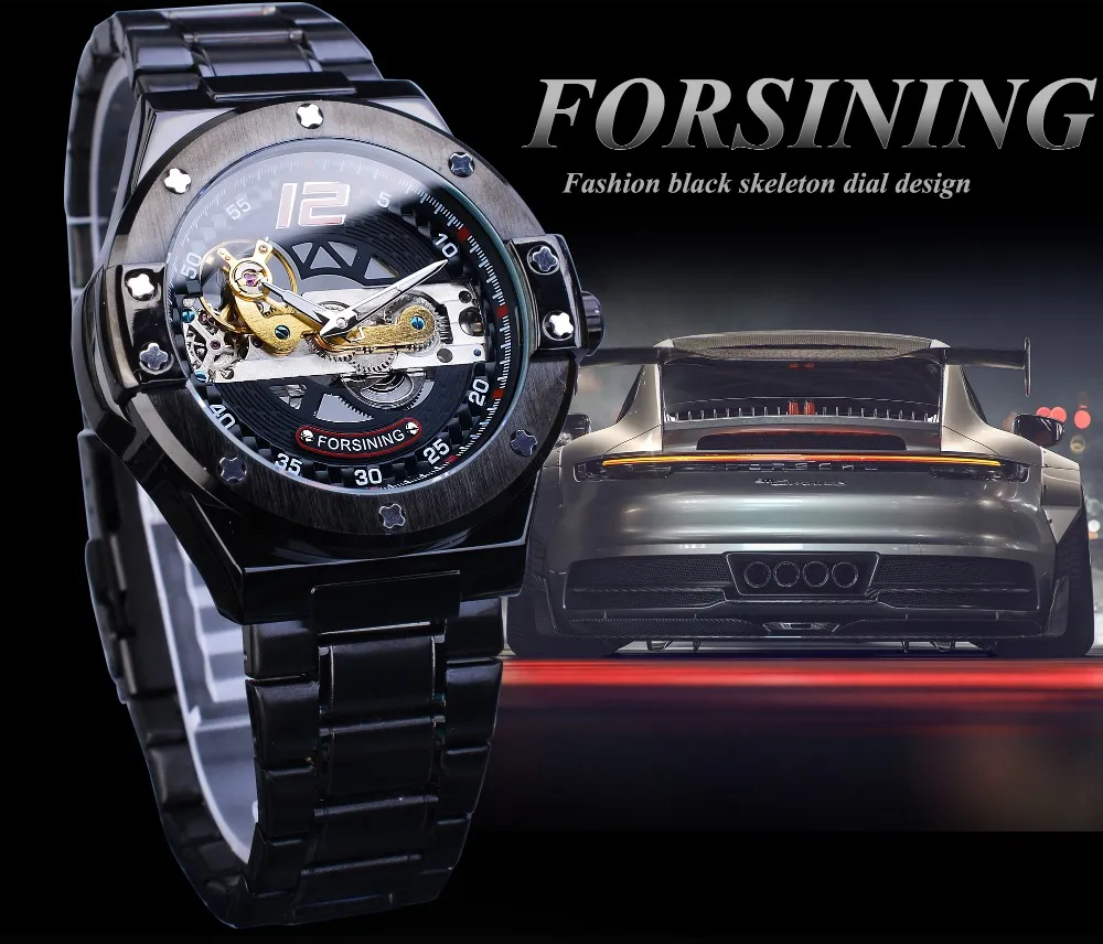 Reloj Forsining transparente automático para hombre Golden Bridge mecánico negro banda de acero inoxidable relojes esqueleto Relogio Masculino296Y
