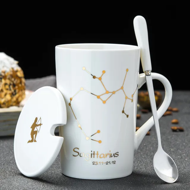 12 Sternbilder, kreative Keramikbecher mit Löffeldeckel, weißes Porzellan, Sternzeichen-Milchkaffeetasse, 450 ml, Wassertrinkgeschirr245f