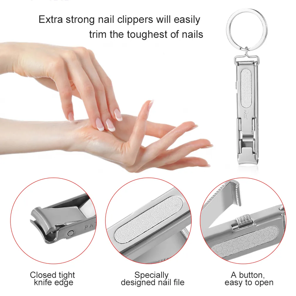 Coupe-ongles ultra-mince pliable en acier inoxydable avec porte-clés coupe-ongles argent Kit d'outils pour ongles porte-clés