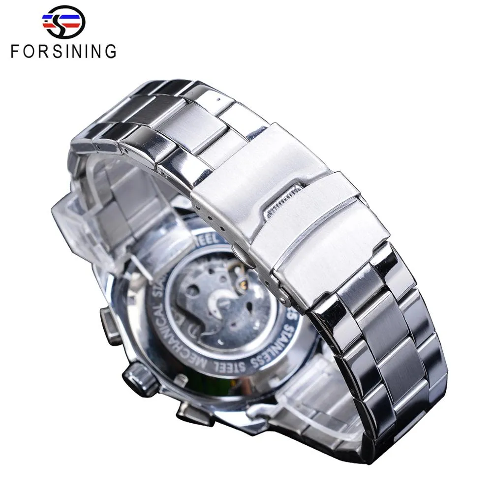 Forsining Silber Weiß Männliche Mechanische Uhr 3 Sub Zifferblatt Leucht Hände Datum Edelstahl Band Mann Business Sport Montre Homme297O