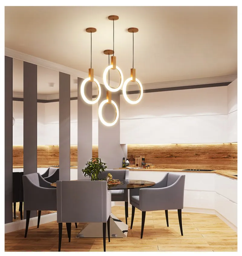 Moderne Nodic-Holz-LED-Ring-Kronleuchter, Acryl-Ring-Treppenbeleuchtungskörper für Wohnzimmer, Esszimmer, Treppe, 3, 5, 6, 7, 10 Ringe3266