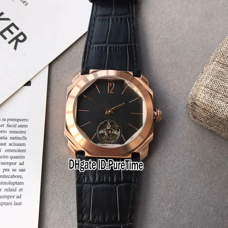 Новые 42 мм Octo Finissimo 102346 BGO40BGLTBXT Розовое золото Черный циферблат с турбийоном Автоматические мужские часы Черные кожаные спортивные часы Pure205z