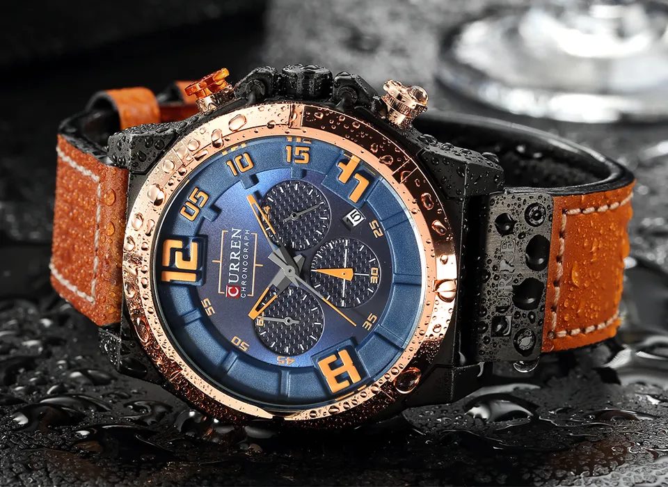 Curren marca de moda cronógrafo esportes relógios masculinos militar analógico quartzo relógios pulso pulseira couro genuíno masculino clock239z