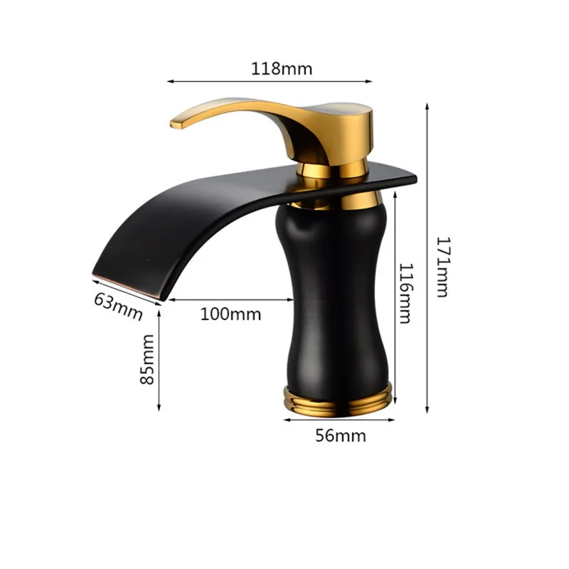 Becken Wasserhahn Einzigen Griff Schwarz Gold Messing Wasserfall Waschbecken Mischbatterie Kalten Bad Armaturen Waschbecken Wasserfall Wasserhahn Drain295a