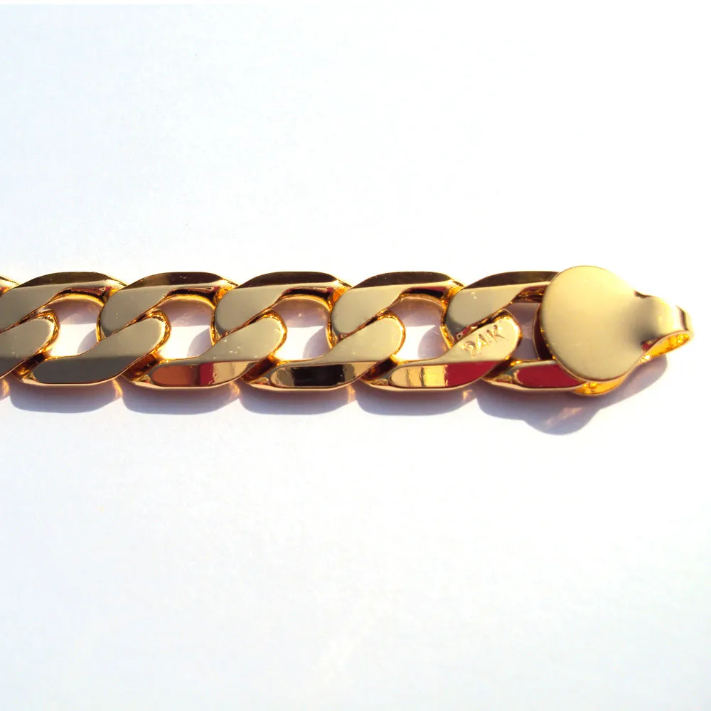 Armband 12mm Solid Gold Finish Fine Premium Quality Mens Cuban Curb Link Chain Handwork STAMEP 24 K257F