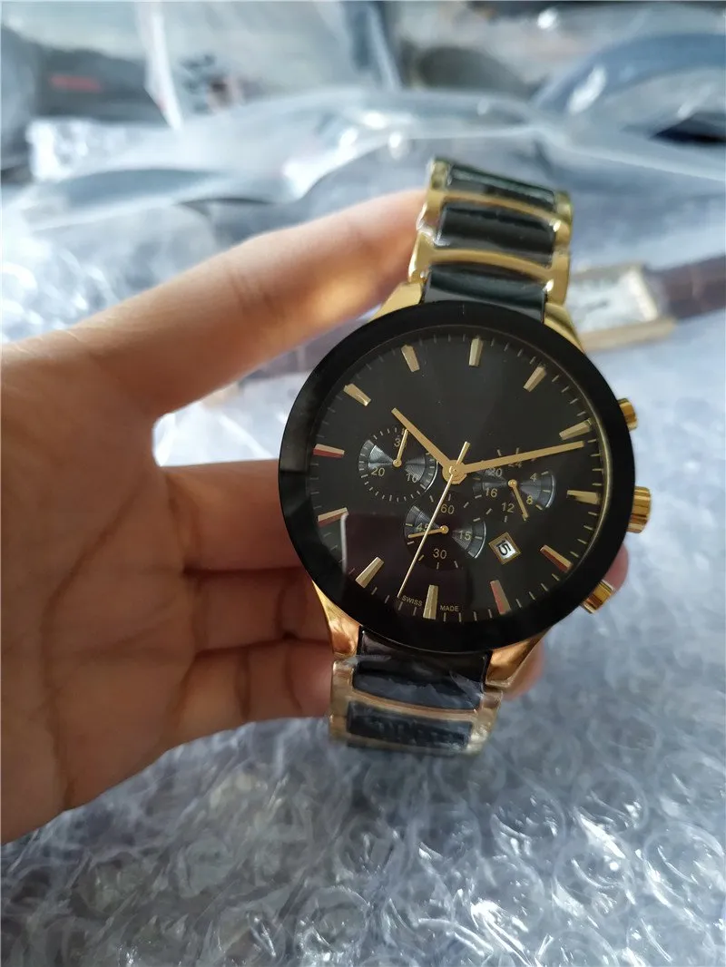 2015 nieuwe mode goud en keramische horloge quartz stopwatch man chronograaf horloges mannen polshorloge 020325i