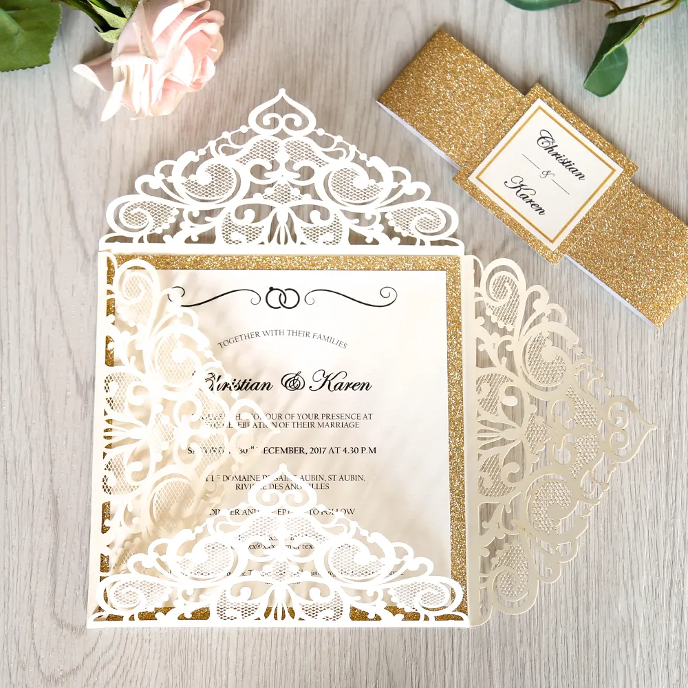Bourgogne Silver White Gold Glitter Laser Cut Wedding Invitation With Envelope Party University Invitation Card2401