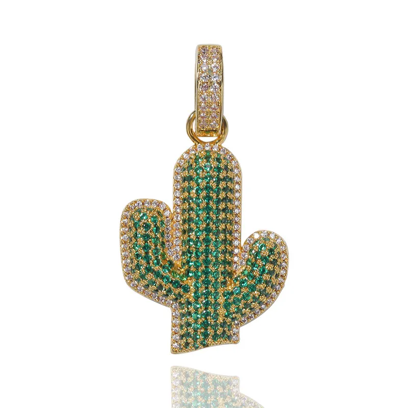 Collier Cactus vert d'été pour hommes, Zircon cubique glacé, plaqué or blanc, bijoux Hip Hop, cadeau, 2019, 2073