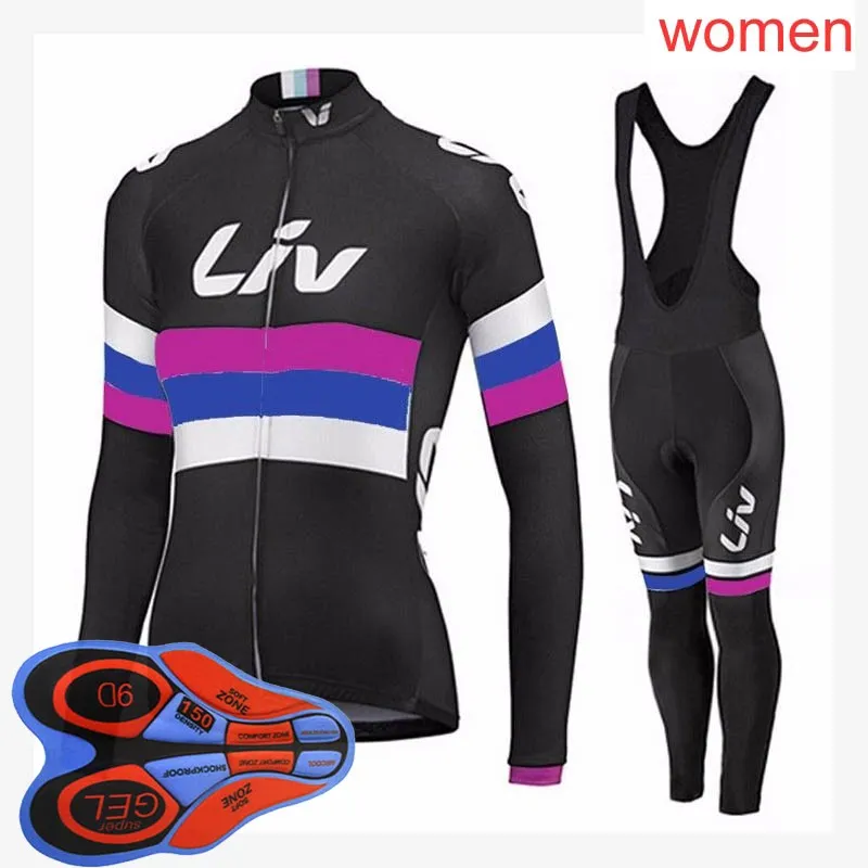 LIV 2018 Women Outdoor Sports Spring Spring Summer Bicycle Cycling Long Sleeves Jersey Bib Pants Sets 9D Gel Pad Mtb Clothing288T