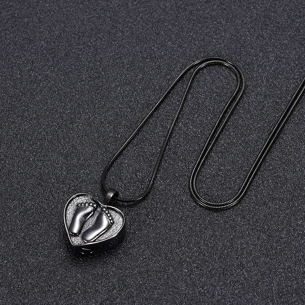 IJD10002 Black Color Human Foot Engraving Heart Cremation Pendant Hold Loved Ones Ashes Stainless Steel Jewelry Funeral Casket283C