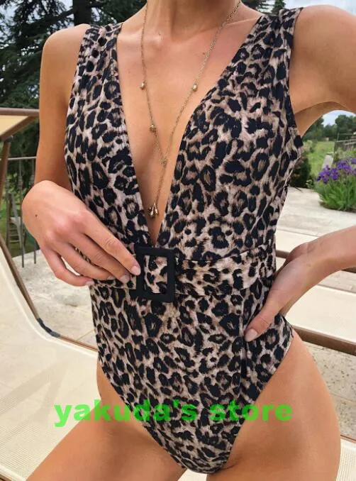 Design badkläder sexig leopard bälte en bit bikini djup v hals bakmassa tryckt stålfäste samlade hög midjeflicka bikinis se282x