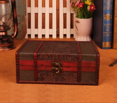 Vintage Metal Lock Wooden Storage Boxes Traditional Chinese Retro Treasure Chest Classic Desktop Jewelry Display Case284A