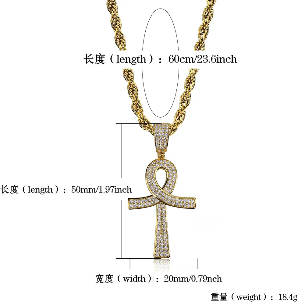 18K Guld- och vitt guldpläterad diamant Ankt Key of Life Cross Pendant Chain Necklace Cubic Zirconia Hip Hop Rapper Jewelry for Men307m