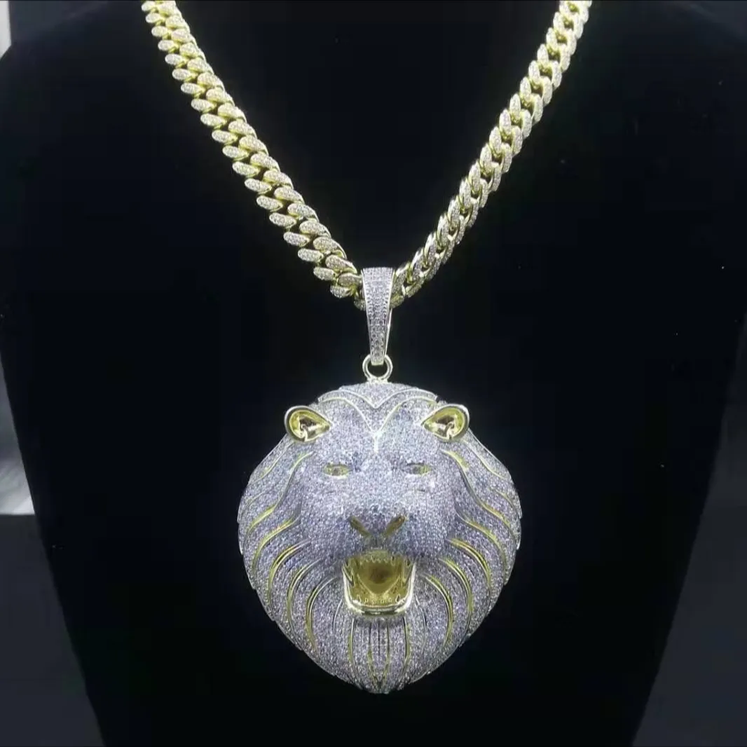 Echte 14k gouden sieraden heren ijs uit grote leeuwenkop hanger met Cubaanse linkketen hiphop ketting rapper mode -accessoires271d