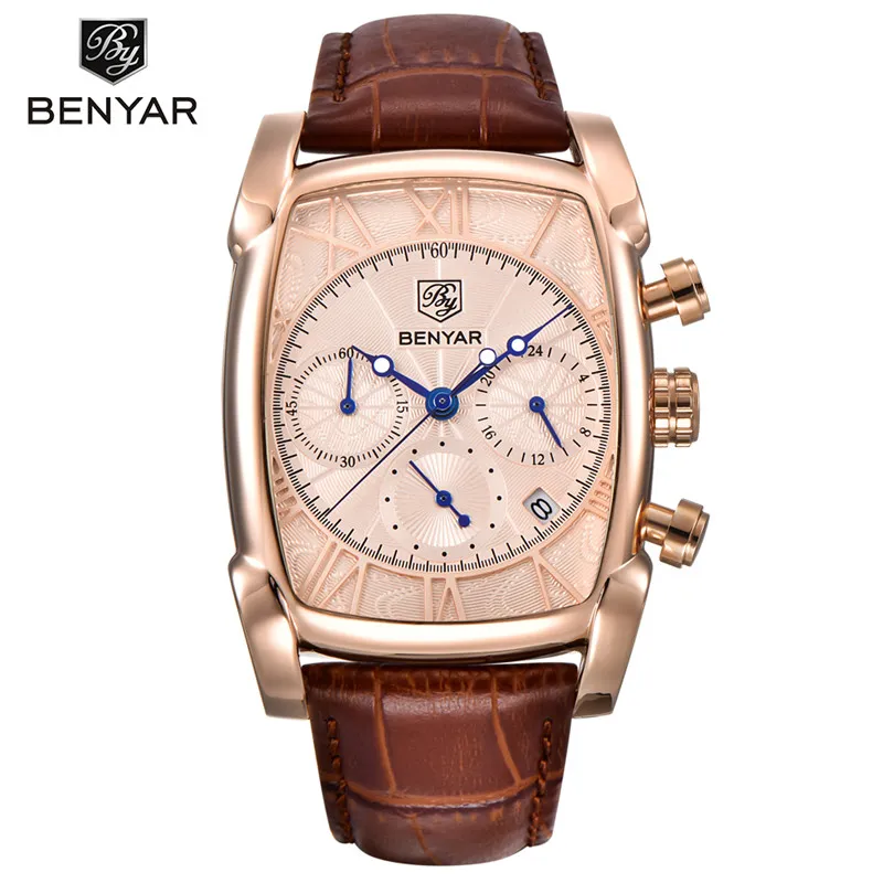 BENYAR luxe véritable montre à Quartz à six broches boîtier rectangulaire classique chronographe de sport montres pour hommes or Rose erkek kol saati250S