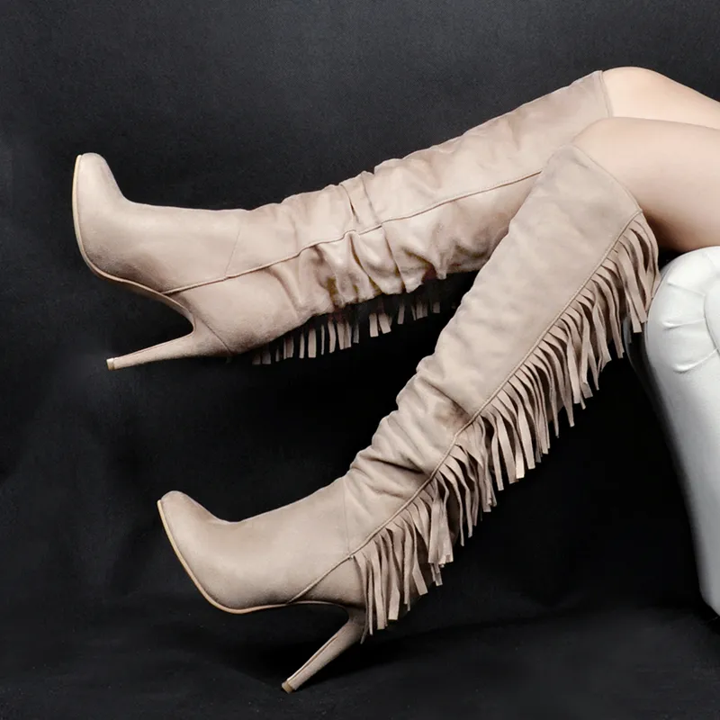 Rortic New Women Knee High Fringe Boots 섹시한 Stiletto 하이힐 부츠가 뾰족한 발가락 살구 캐주얼 신발 여성 플러스 미국 크기 5-15