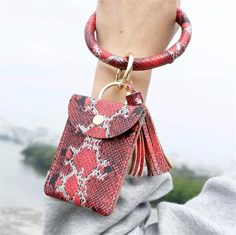 Bracelet Keychain Wallet Leopard PU Leather Tassel Women Card Bag Women Clutch Wristlet Keyring Party Favor14 style DA528