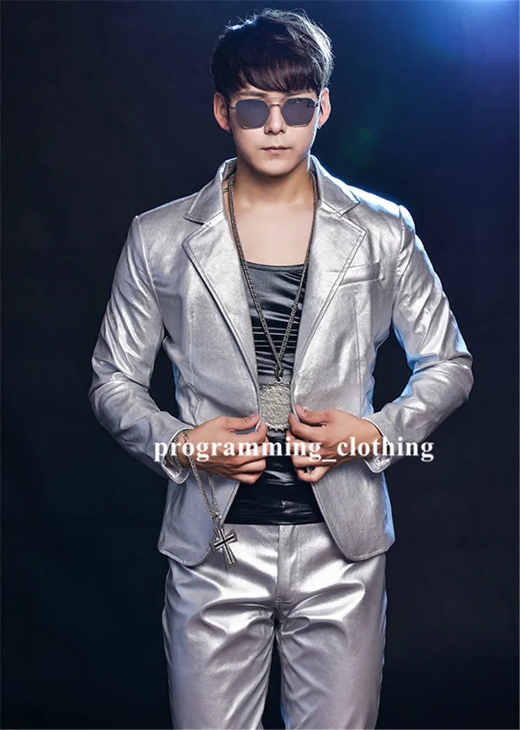 R63 Silver Pu Men Suit Singer Stage Qerformance Wears Dress DJ Hostroom Dance Costumes Party Show Model Vêtements Tenues DS J320P