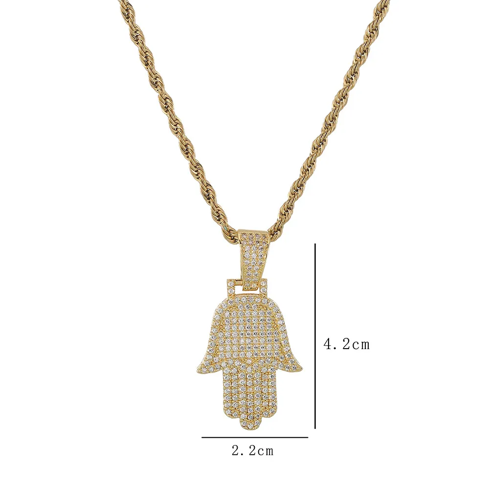Collier pendentif main en zircone cubique glacé avec chaîne en corde Hip Hop argent or comme cadeaux 273n