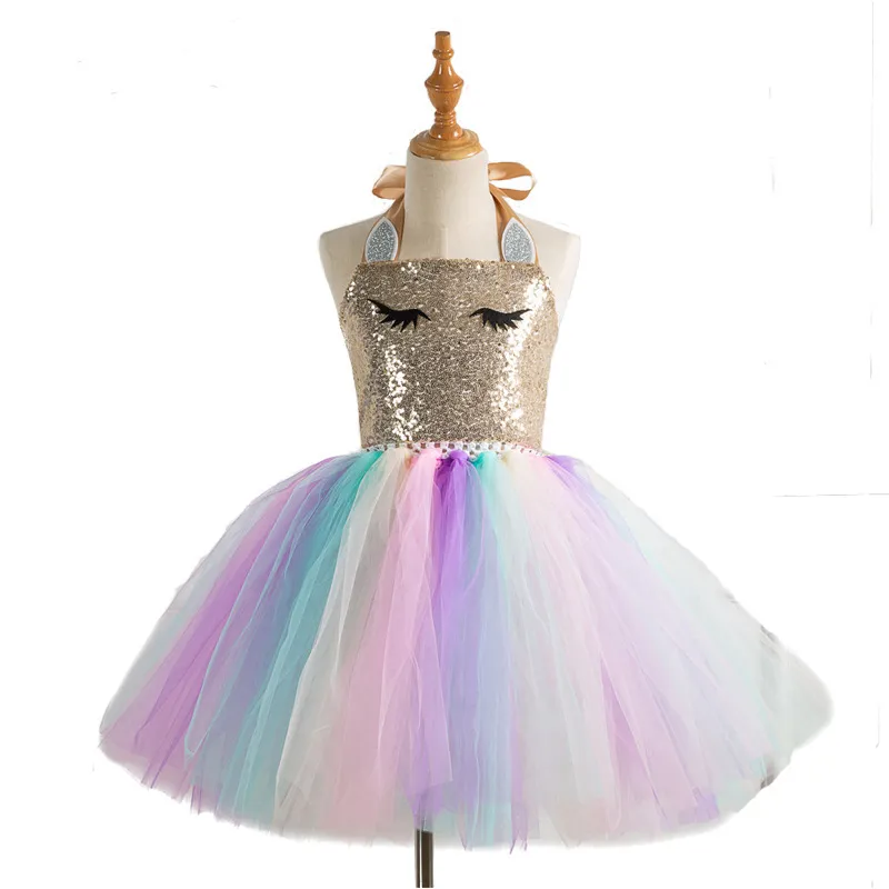 Girls Princess Dress Up Children Cekiny Top Rainbow Tulle Tutu Dress Kids Party Cosplay Costumes