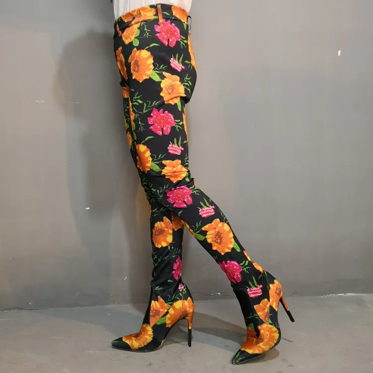 سونتيك جديد إمرأة ربيع مثير جوارب طويلة الأحذية خنجر عالية الكعب السراويل الأحذية أشار تو الأحذية الأزهار المرأة زائد لنا حجم 5-15