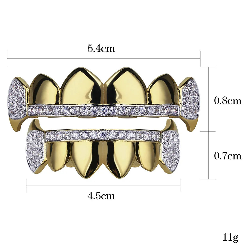 18K Echte Gouden Tanden Fang Grillz Punk Hip Hop Kubieke Zirkoon Iced Out Vampire Tandheelkundige Mond Grills Bretels Tand cap Rapper Sieraden for253o