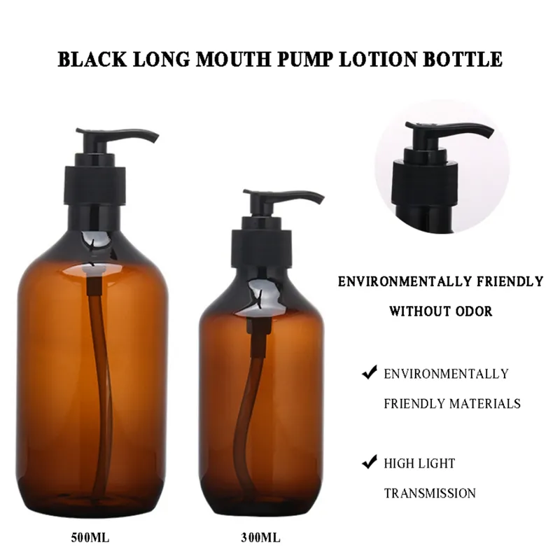 Bursztynowy plastikowy pusta butelka do ściskającej z czarną pompą balsamową pojemniki na próbki do ciała słoiki żelowe - 10 1 unz i 264R