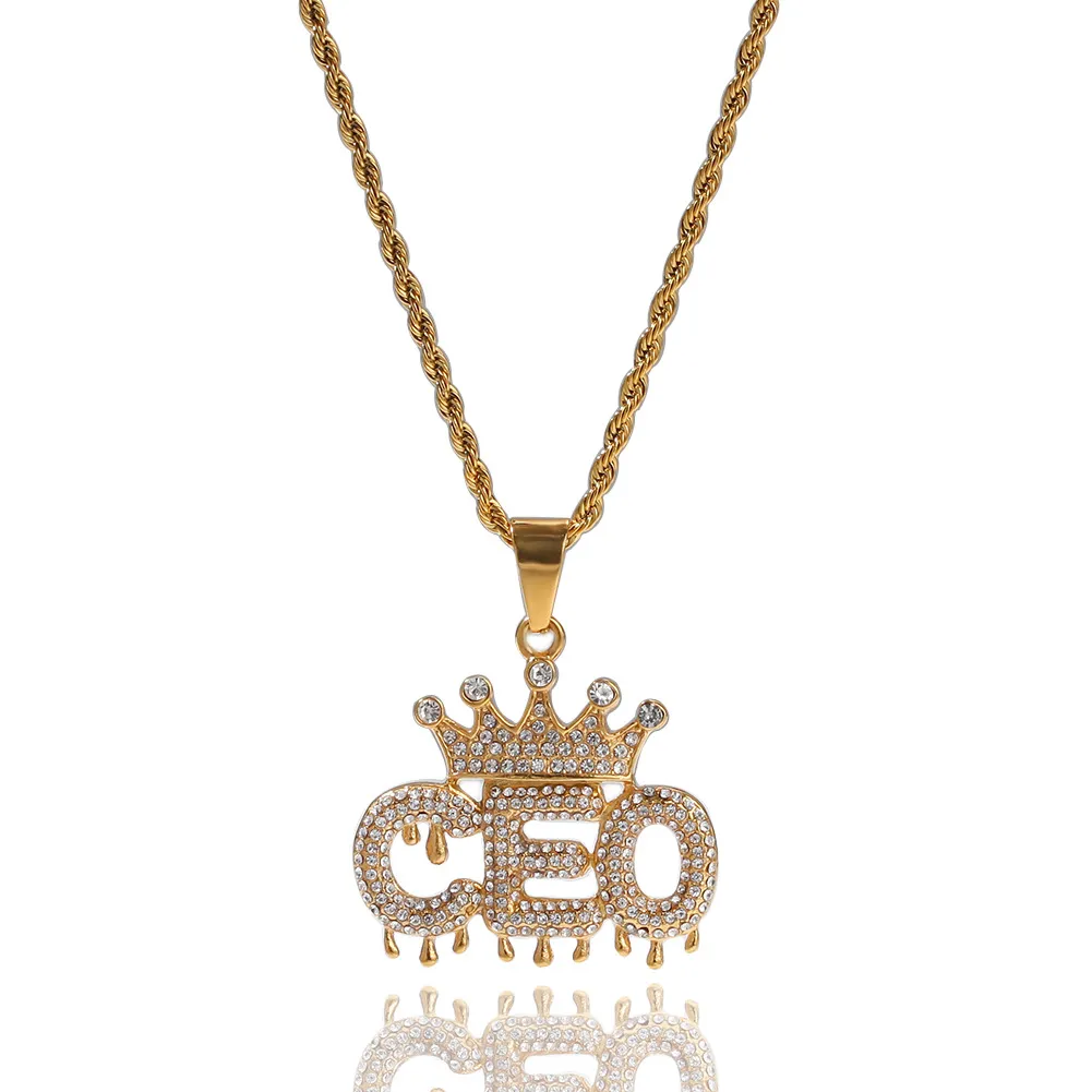 Collana da uomo con corona CEO, lettere iniziali, pedante, catena cubana, collana in acciaio inossidabile, gioielli hip-hop con diamanti bling in oro personalizzato2374