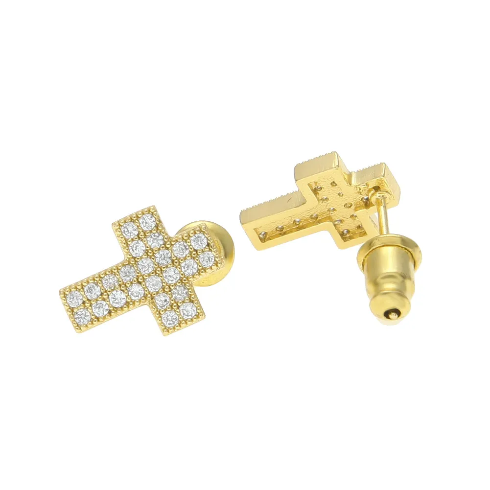 New guys 18K Gold Plated Mens Blingbling Diamond Cross Stud Earrings Mens Womens Hip Hop Earring Studs Iced Out Jewelry for Women 290M