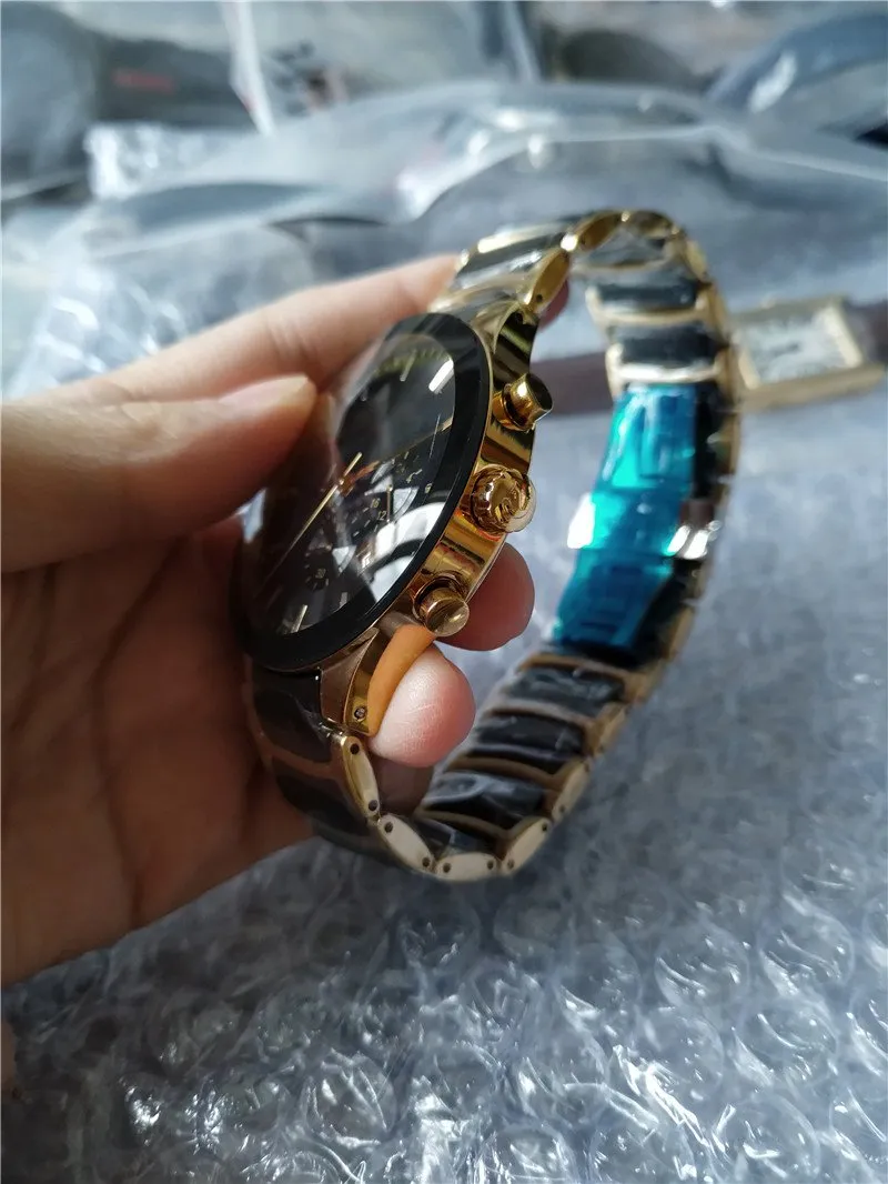 2015 New Fashion Gold und Keramic Watch Quartz Stoppwatch Man Chronograph Watches Männer Armbandwatch 020301c